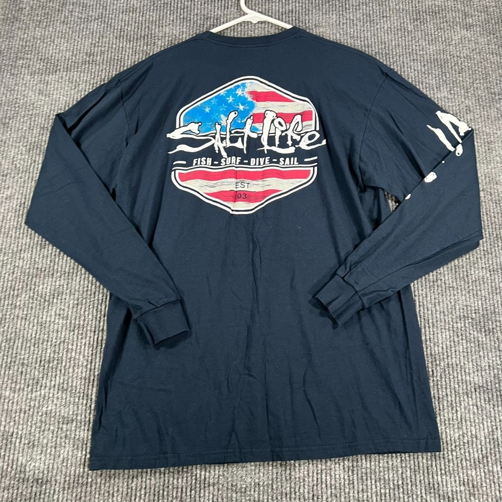 Salt Life Shirt Mens Large Blue Long Sleeve Graphic Casual Crew American Flag